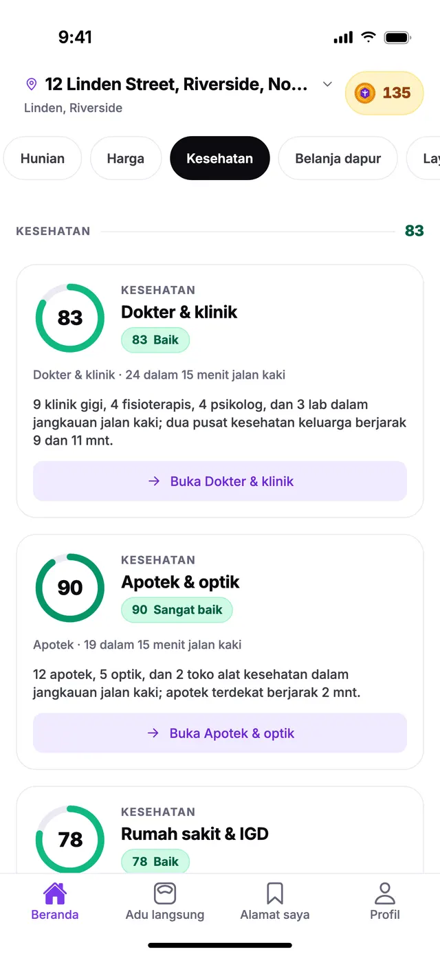 Grup Kesehatan di layar Beranda TownSpec, untuk alamat contoh.