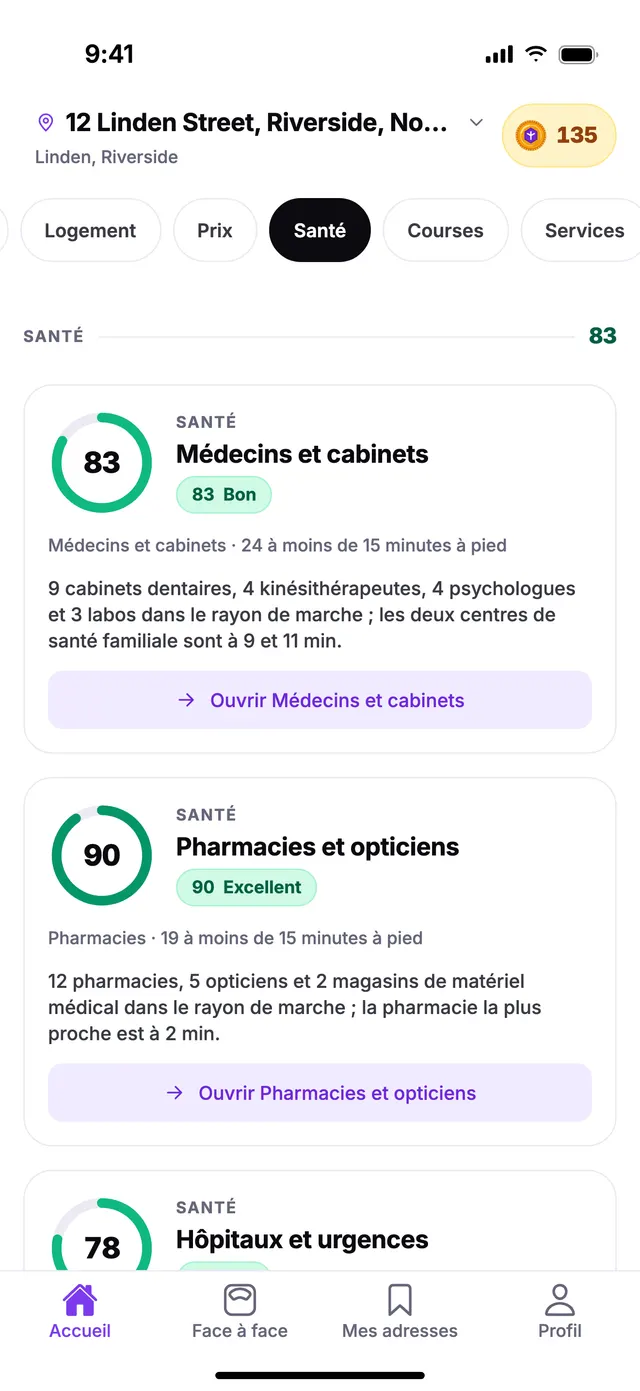 Le groupe Santé sur l’écran Accueil de TownSpec, pour une adresse d’exemple.
