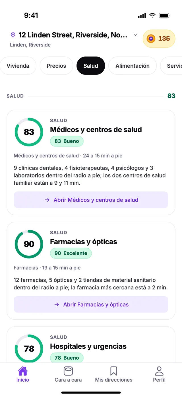 El grupo Salud en la pantalla de Inicio de TownSpec, con una dirección de ejemplo.