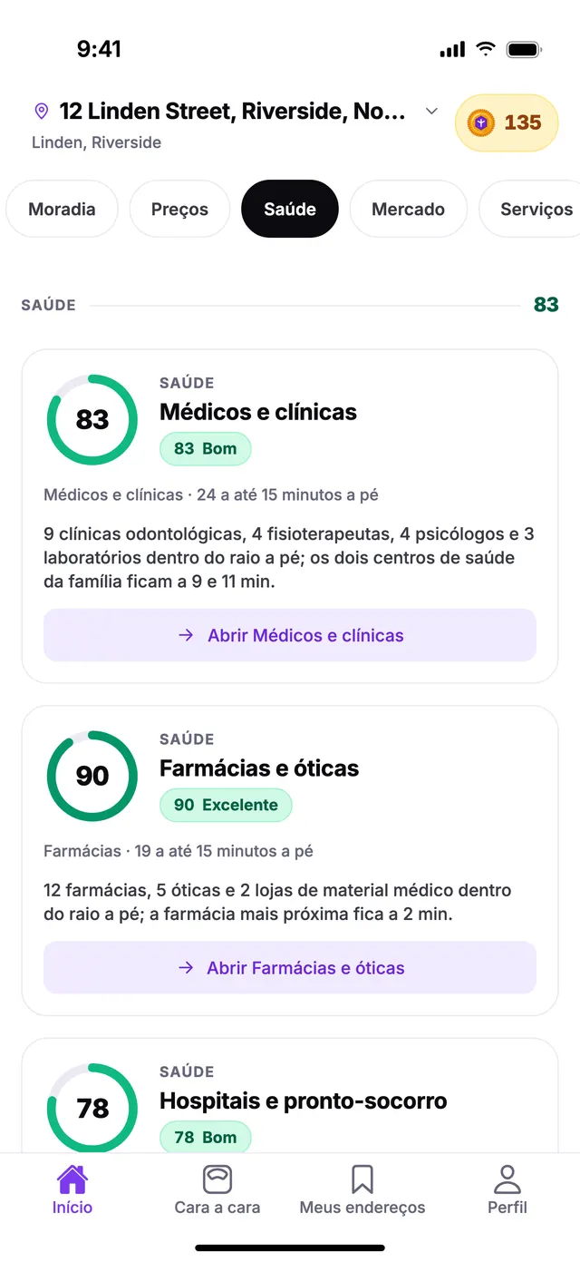 O grupo Saúde na tela Início do TownSpec, para um endereço de exemplo.