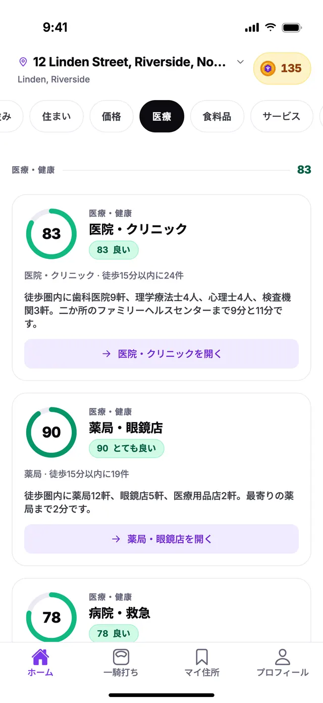TownSpecのホーム画面にある医療・健康グループ。サンプル住所での表示例です。
