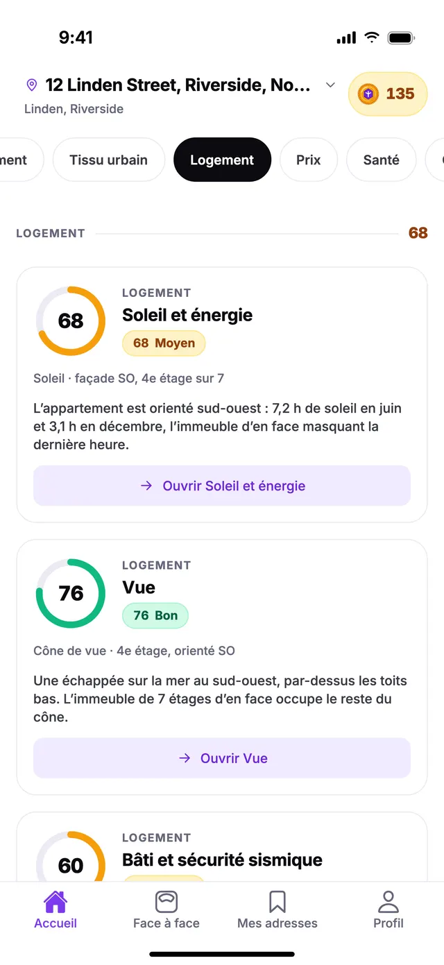 Le groupe Logement sur l’écran Accueil de TownSpec, pour une adresse d’exemple.