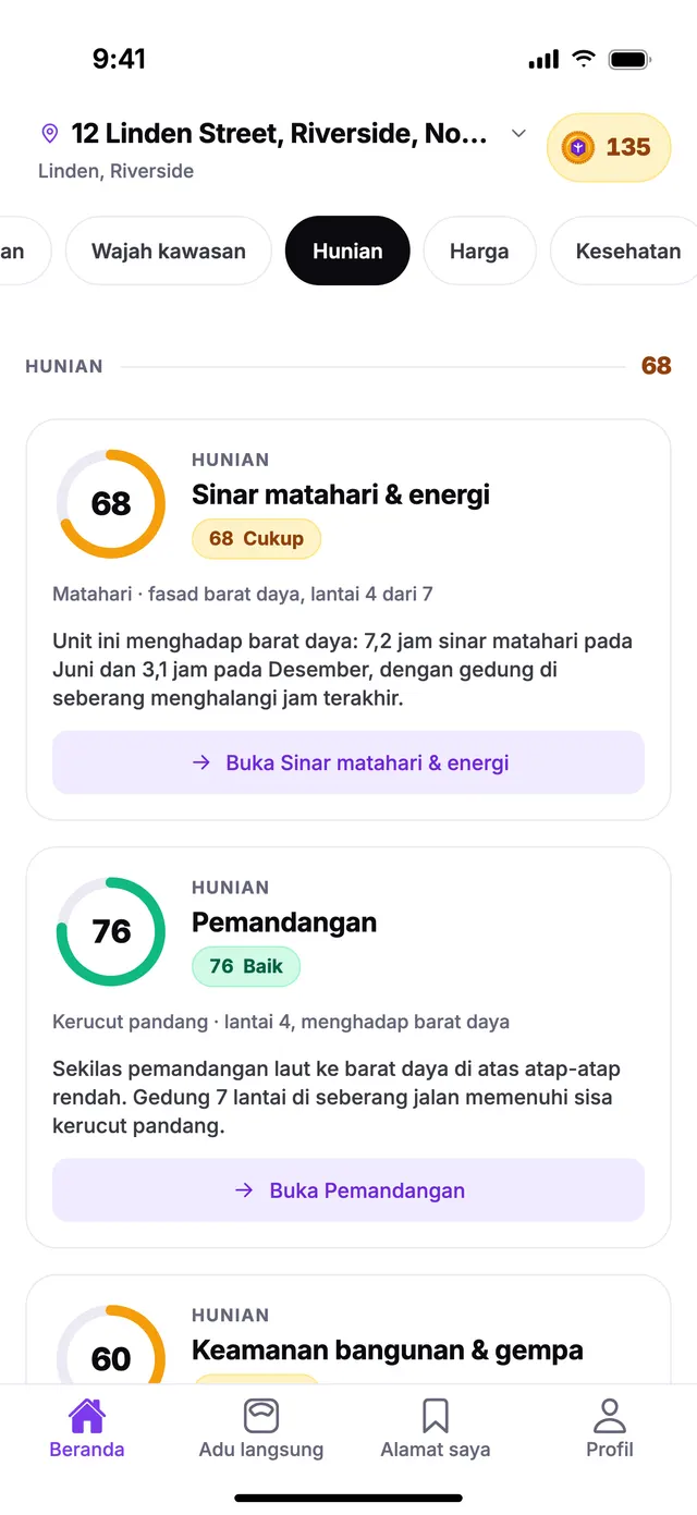 Grup Hunian di layar Beranda TownSpec, untuk alamat contoh.
