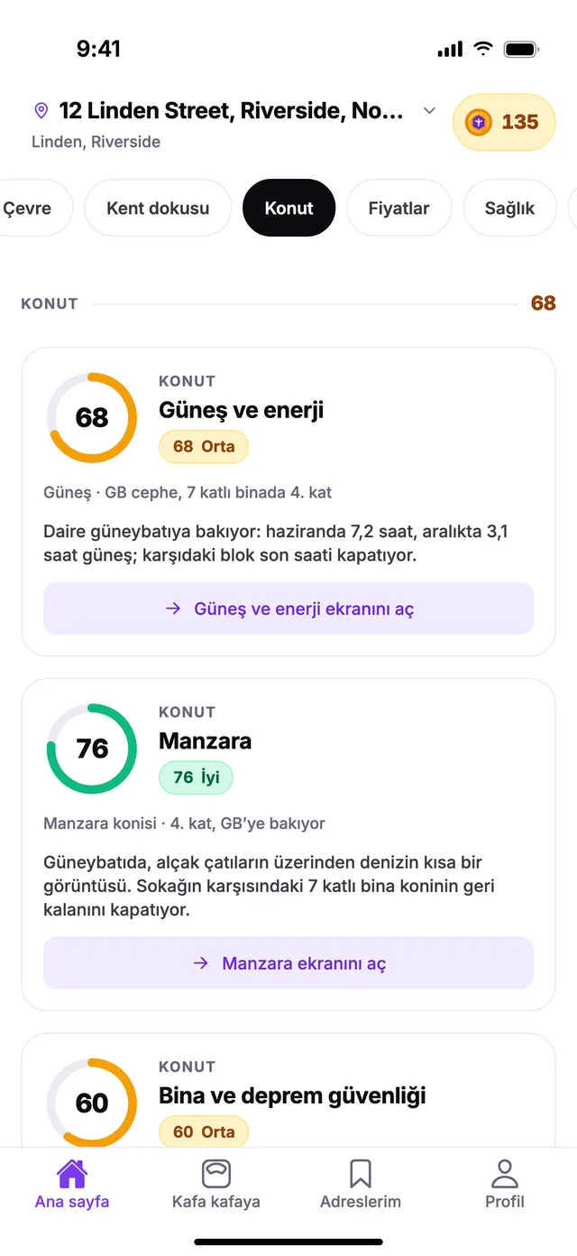 TownSpec Ana sayfasında Konut grubu, örnek bir adres için.