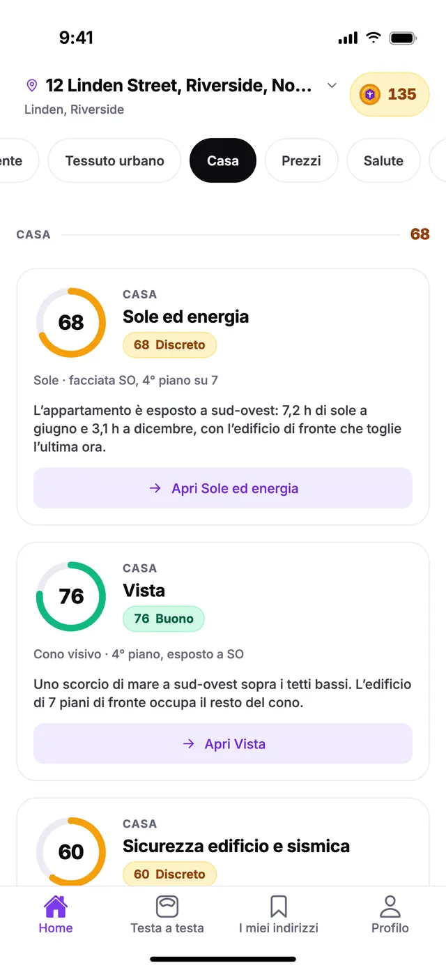 Il gruppo Casa nella schermata Home di TownSpec, per un indirizzo di esempio.