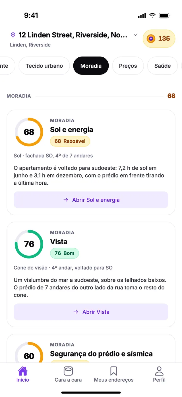 O grupo Moradia na tela Início do TownSpec, para um endereço de exemplo.