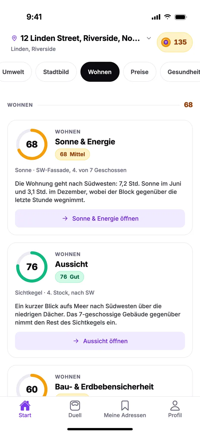 Die Gruppe Wohnen auf dem Startbildschirm von TownSpec, für eine Beispieladresse.