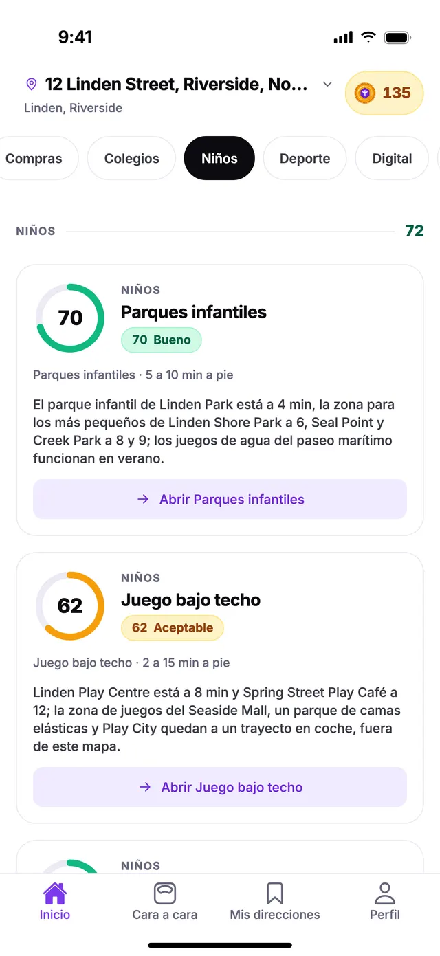 El grupo Niños en la pantalla de Inicio de TownSpec, con una dirección de ejemplo.