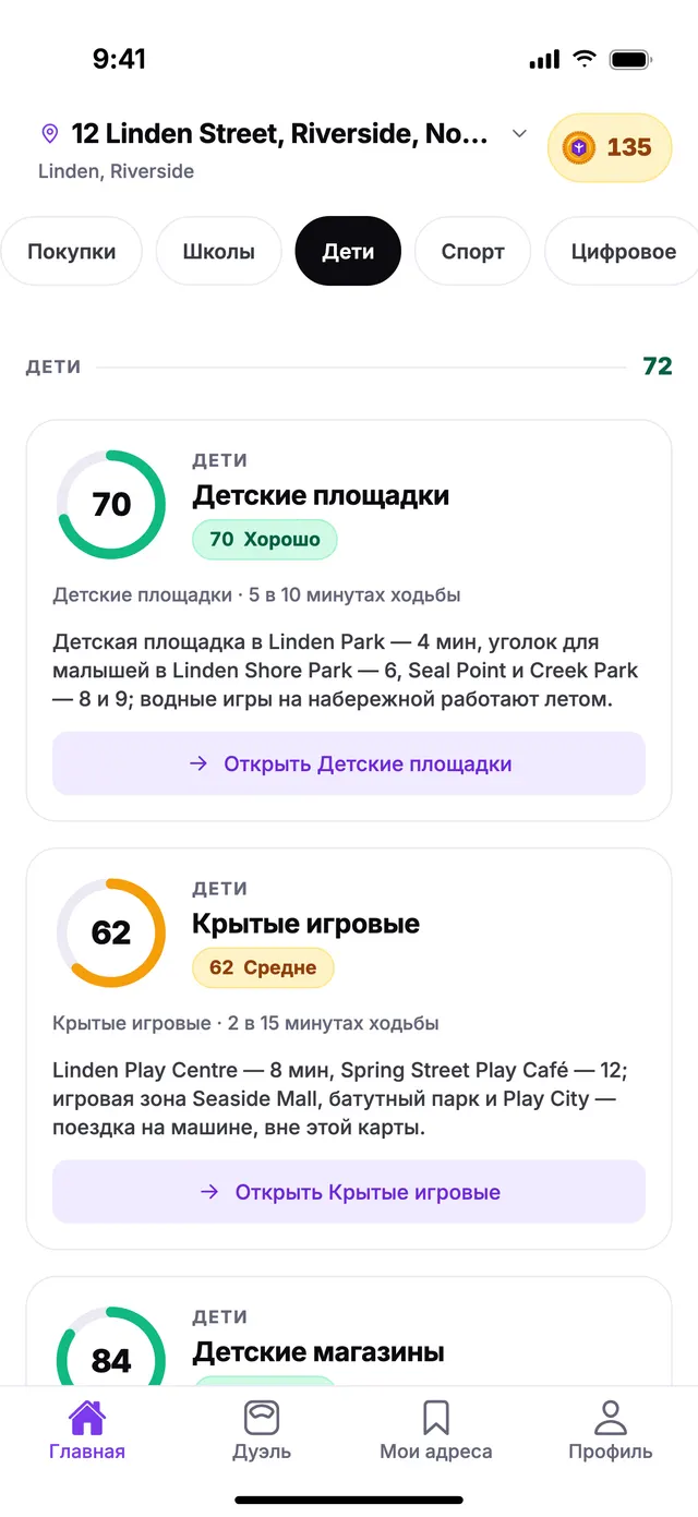 Группа «Дети» на экране «Главная» в TownSpec для адреса из примера.