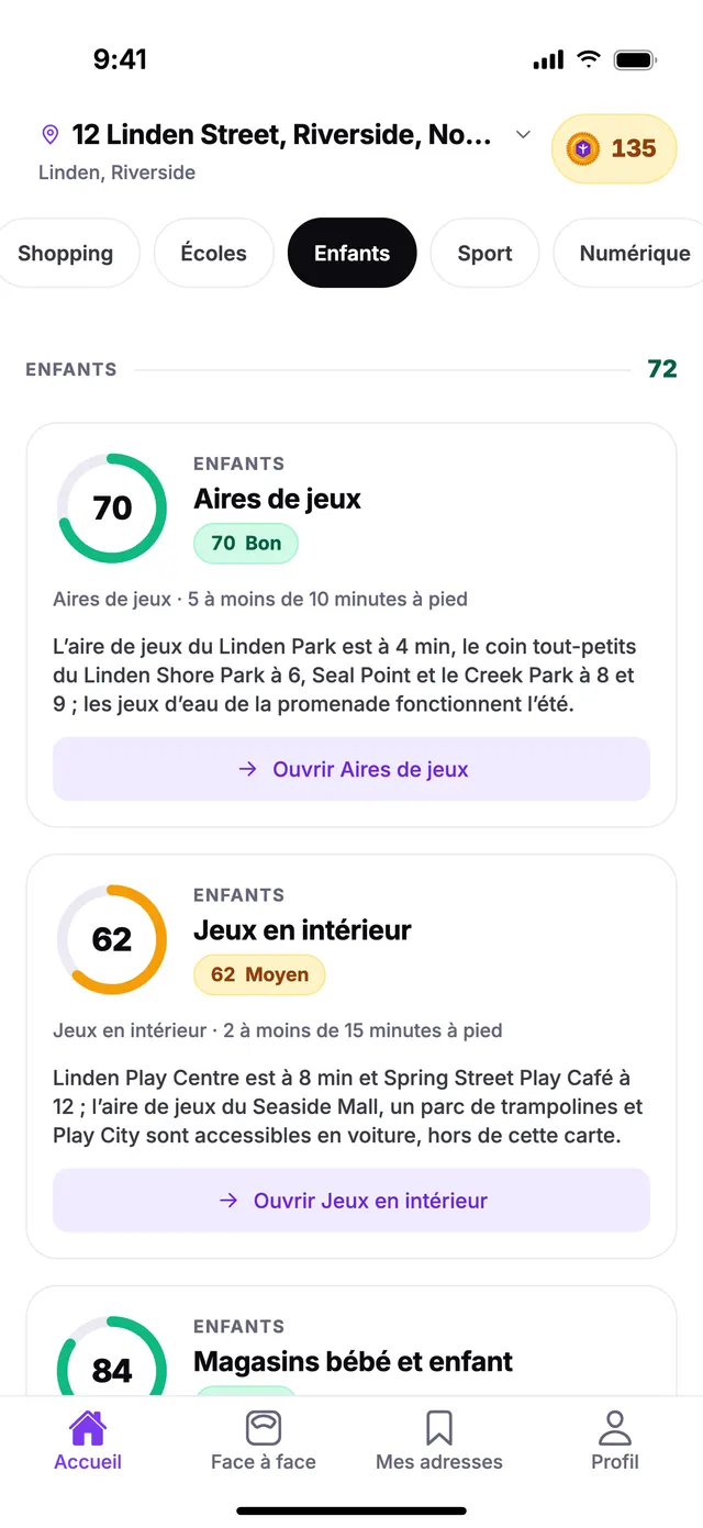 Le groupe Enfants sur l’écran Accueil de TownSpec, pour une adresse d’exemple.