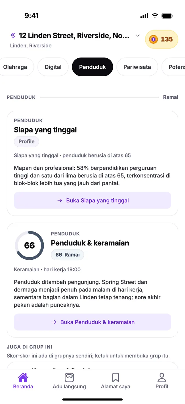 Grup Penduduk di layar Beranda TownSpec, untuk alamat contoh.