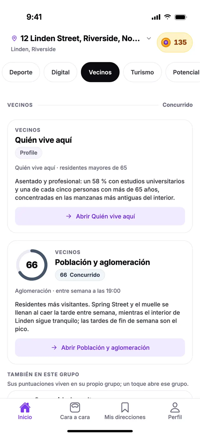 El grupo Vecinos en la pantalla de Inicio de TownSpec, con una dirección de ejemplo.