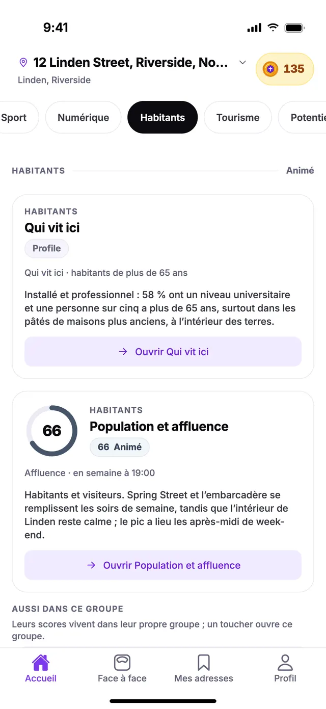 Le groupe Habitants sur l’écran Accueil de TownSpec, pour une adresse d’exemple.