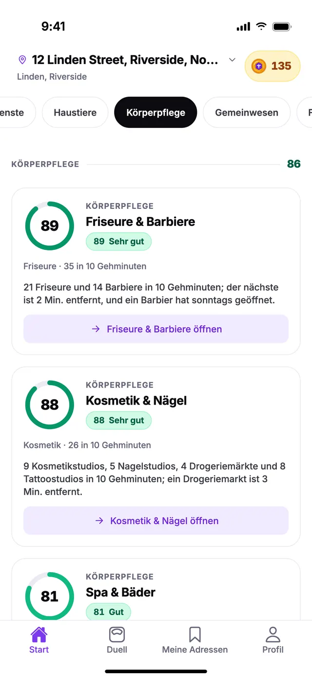 Die Gruppe Körperpflege auf dem Startbildschirm von TownSpec, für eine Beispieladresse.