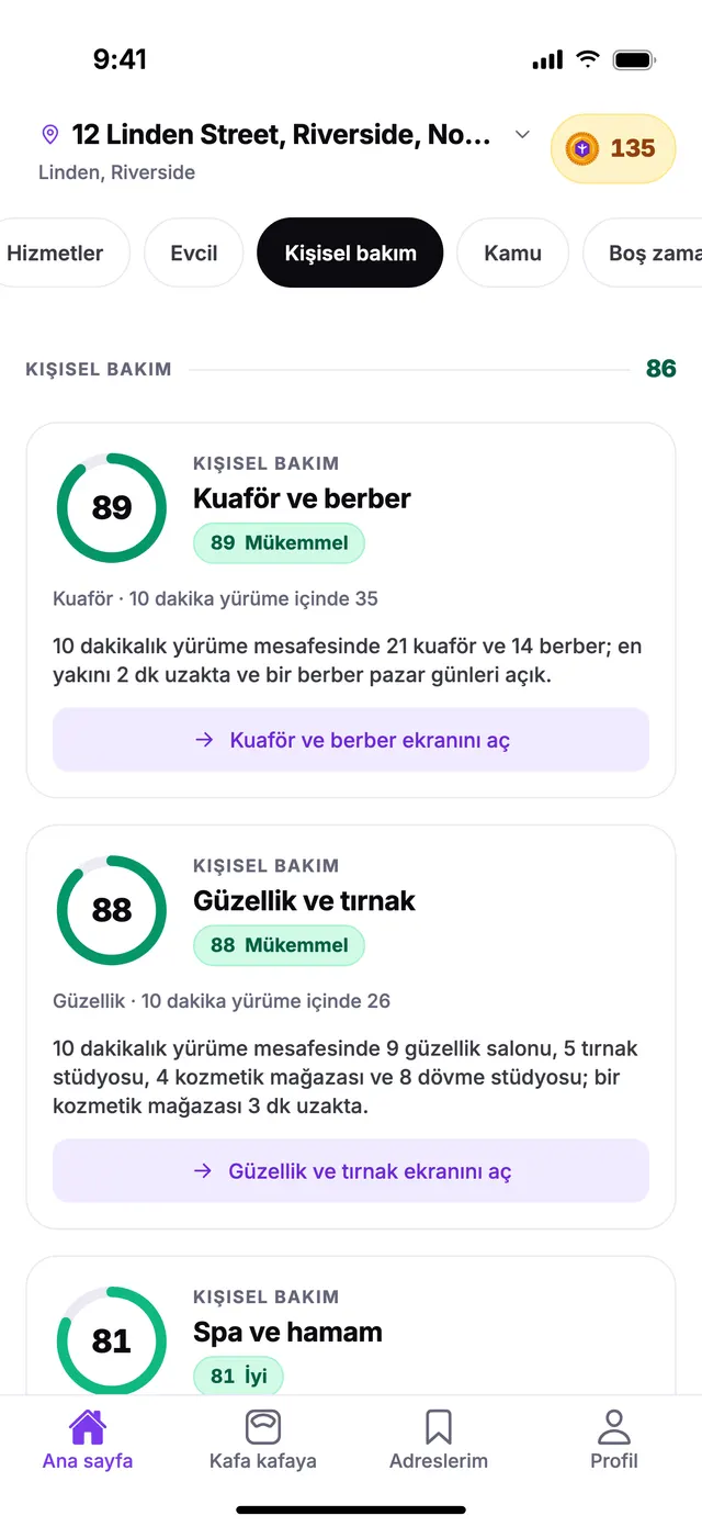TownSpec Ana sayfasında Kişisel bakım grubu, örnek bir adres için.