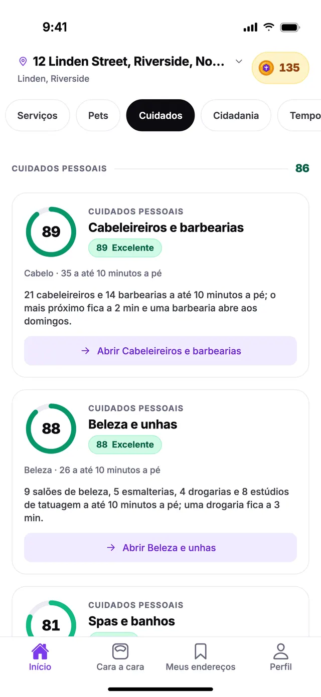 O grupo Cuidados pessoais na tela Início do TownSpec, para um endereço de exemplo.