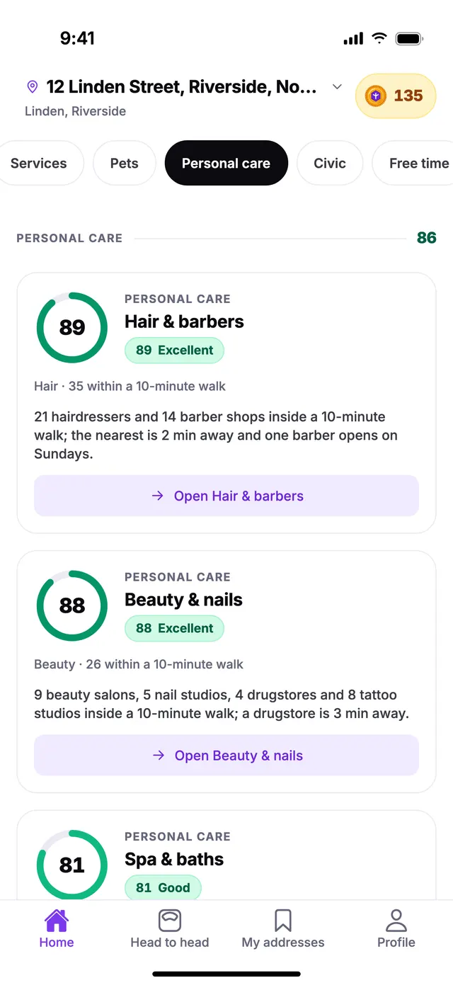 The Personal care group on the Home screen of TownSpec, for an example address.