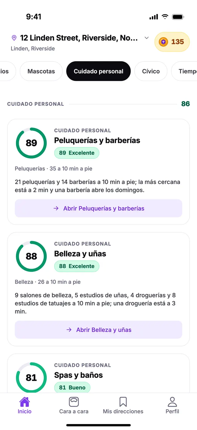 El grupo Cuidado personal en la pantalla de Inicio de TownSpec, con una dirección de ejemplo.