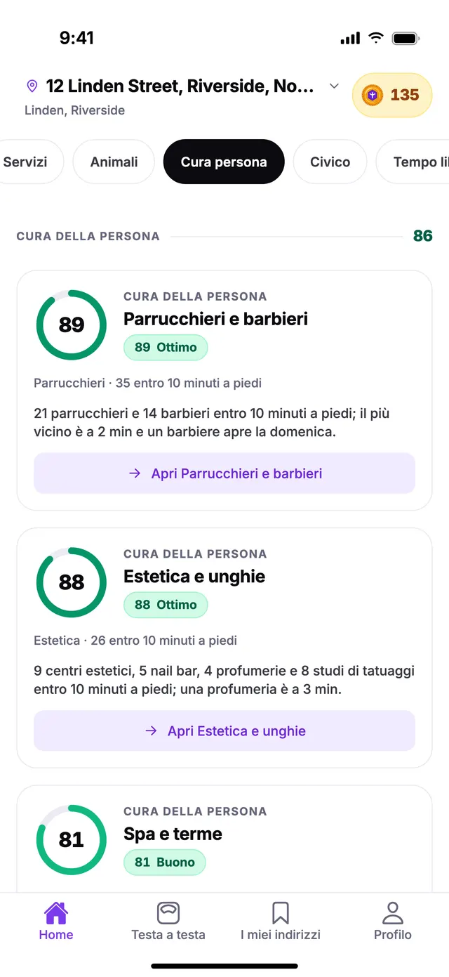 Il gruppo Cura della persona nella schermata Home di TownSpec, per un indirizzo di esempio.
