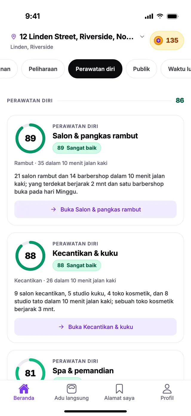 Grup Perawatan diri di layar Beranda TownSpec, untuk alamat contoh.