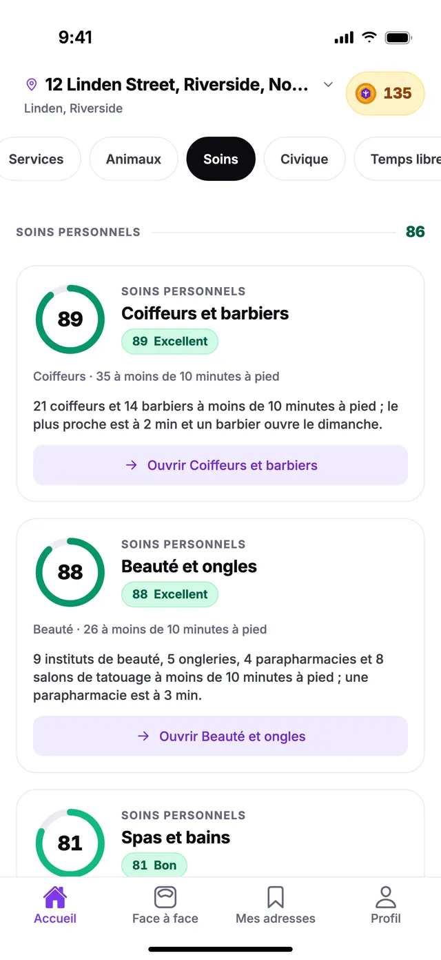 Le groupe Soins personnels sur l’écran Accueil de TownSpec, pour une adresse d’exemple.