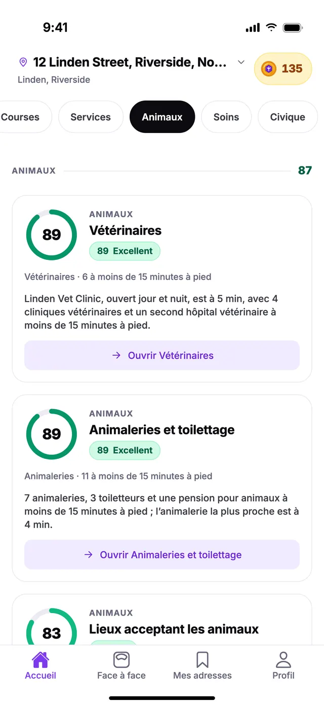 Le groupe Animaux sur l’écran Accueil de TownSpec, pour une adresse d’exemple.