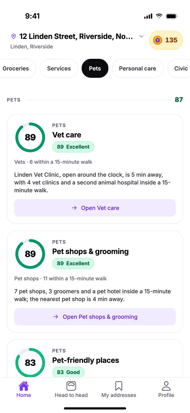 The Pets group on the Home screen of TownSpec, for an example address.