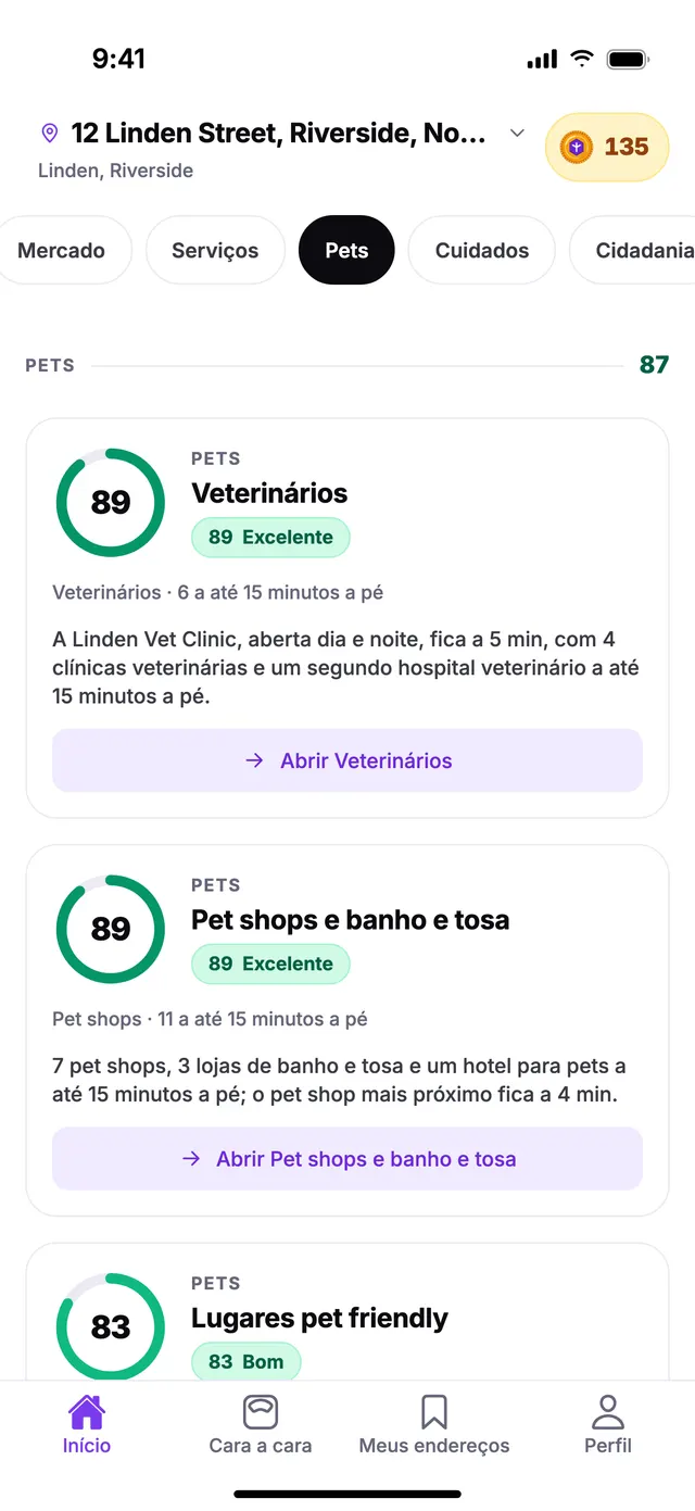 O grupo Pets na tela Início do TownSpec, para um endereço de exemplo.
