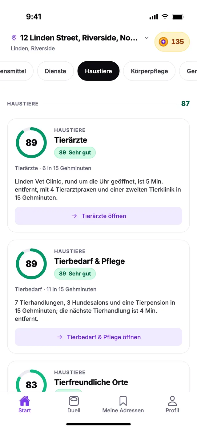 Die Gruppe Haustiere auf dem Startbildschirm von TownSpec, für eine Beispieladresse.