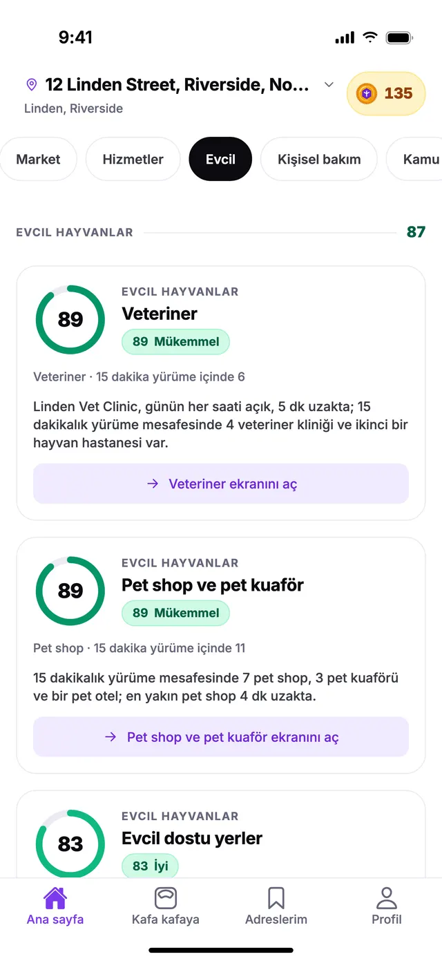 TownSpec Ana sayfasında Evcil hayvanlar grubu, örnek bir adres için.