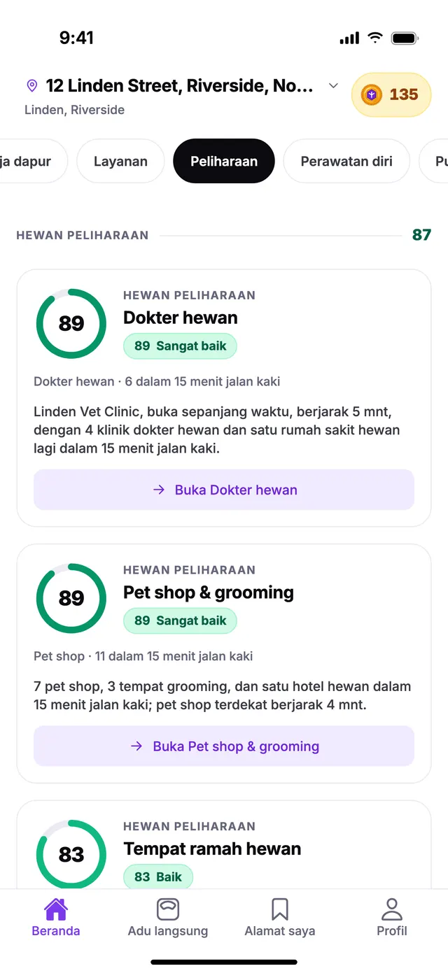 Grup Hewan peliharaan di layar Beranda TownSpec, untuk alamat contoh.