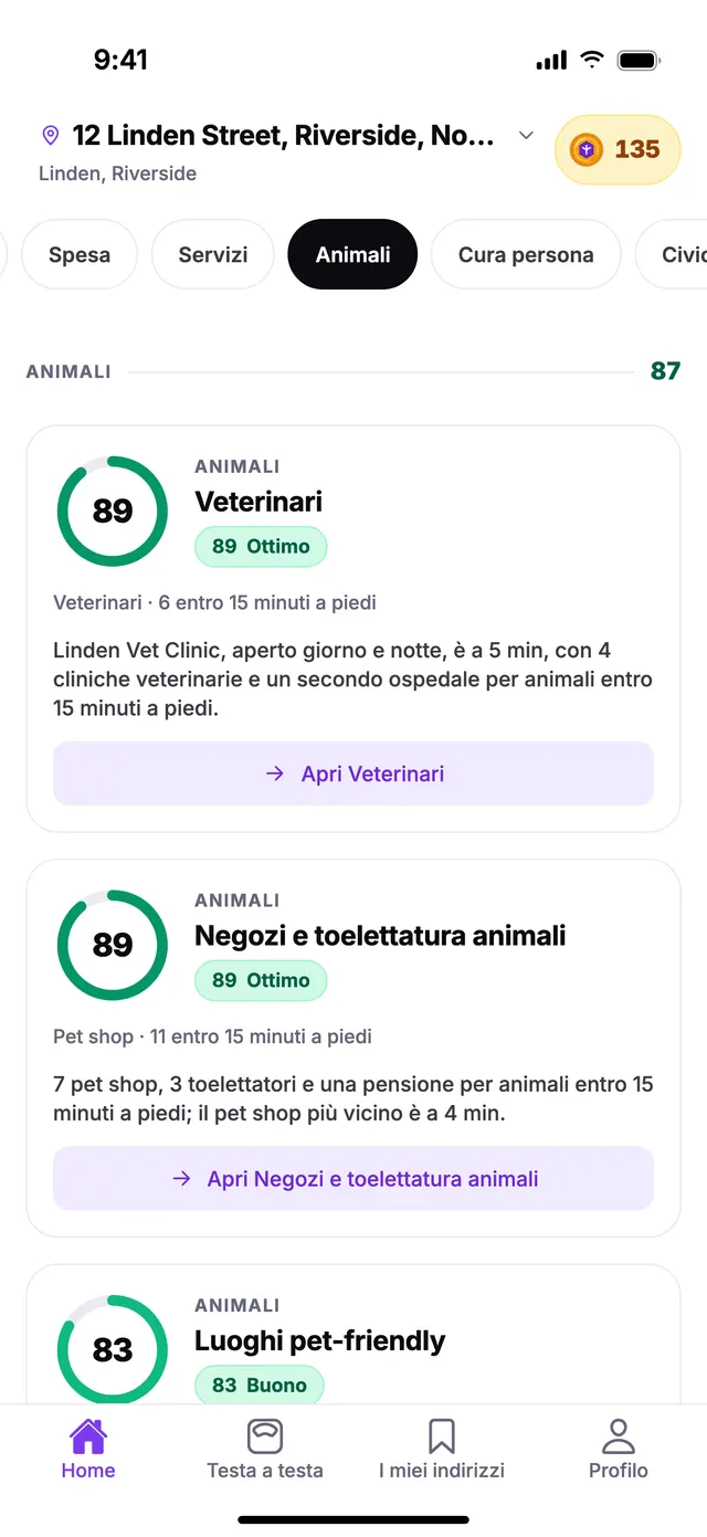 Il gruppo Animali nella schermata Home di TownSpec, per un indirizzo di esempio.