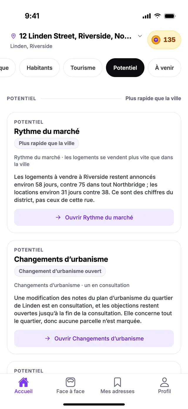 Le groupe Potentiel sur l’écran Accueil de TownSpec, pour une adresse d’exemple.