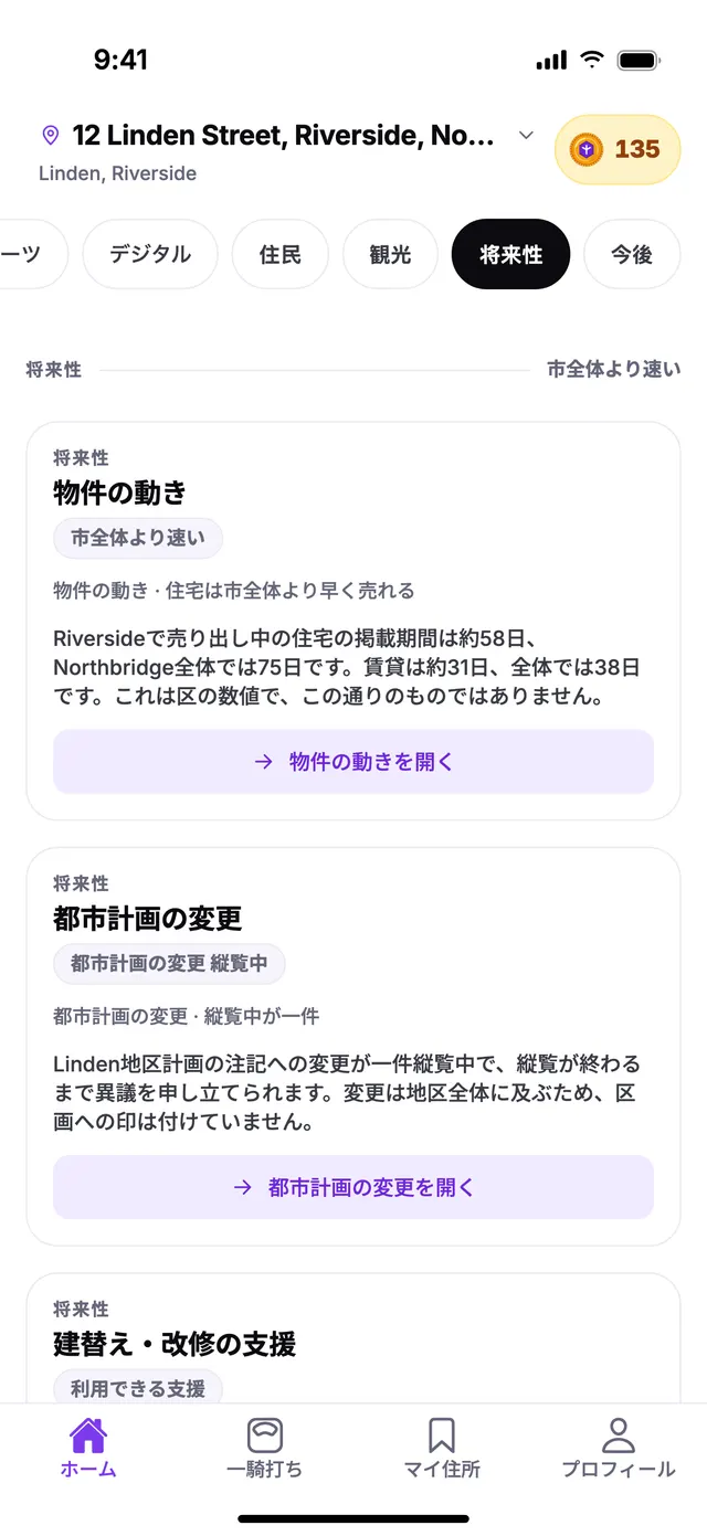 TownSpecのホーム画面にある将来性グループ。サンプル住所での表示例です。