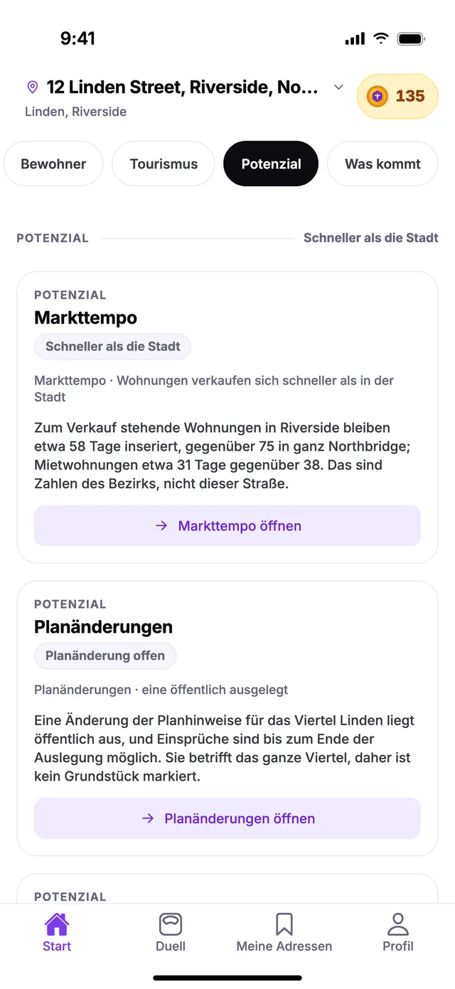 Die Gruppe Potenzial auf dem Startbildschirm von TownSpec, für eine Beispieladresse.