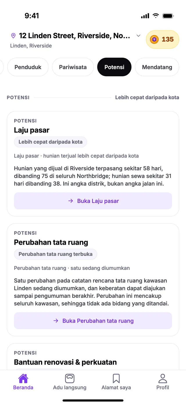 Grup Potensi di layar Beranda TownSpec, untuk alamat contoh.