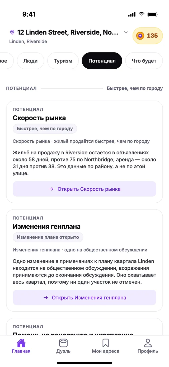 Группа «Потенциал» на экране «Главная» в TownSpec для адреса из примера.