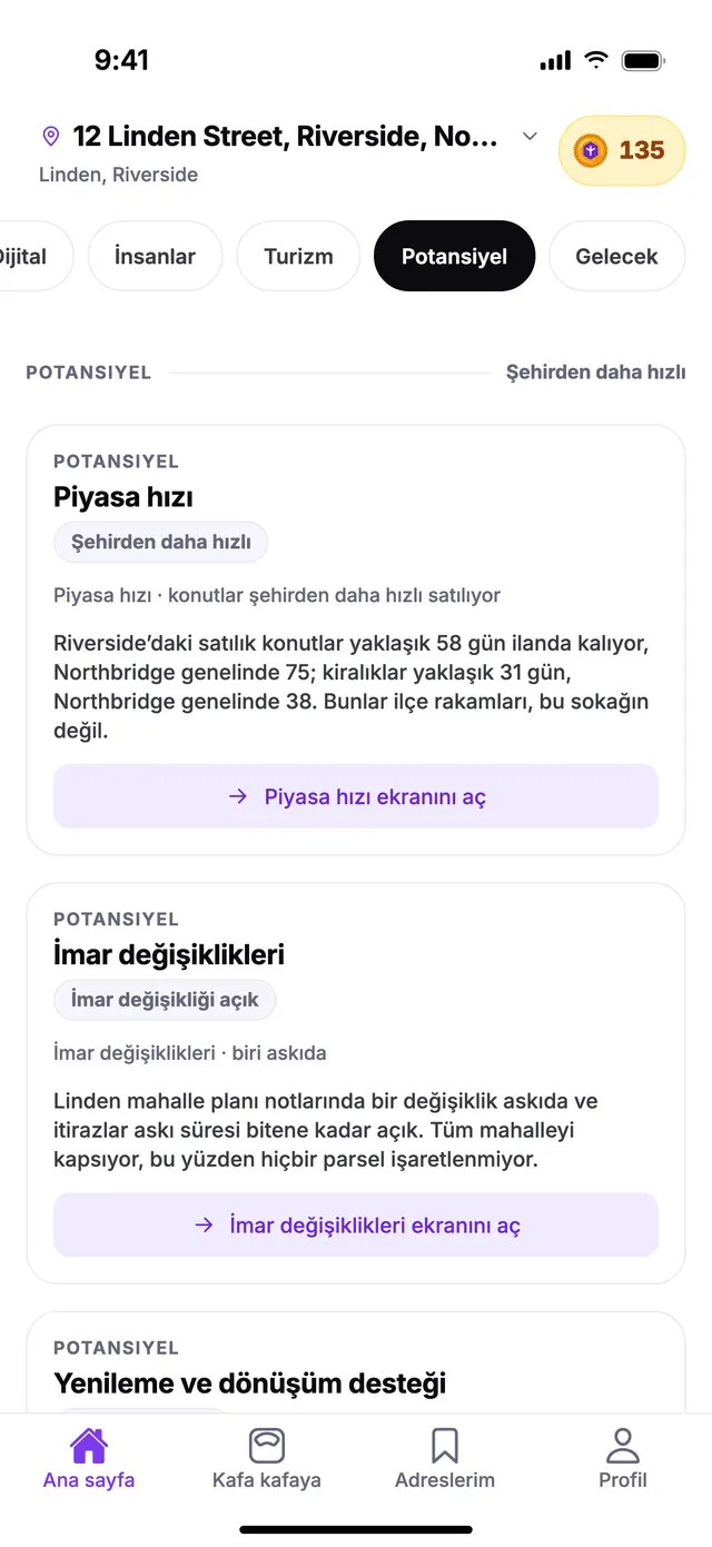 TownSpec Ana sayfasında Potansiyel grubu, örnek bir adres için.