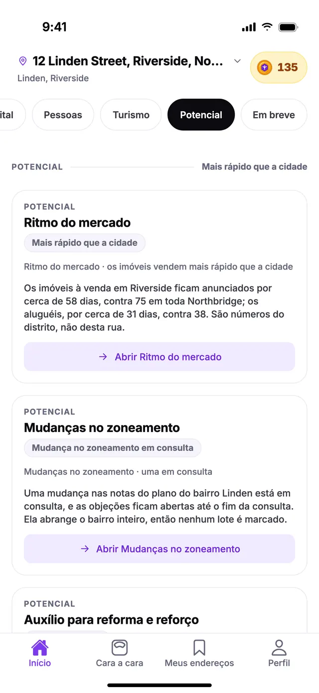O grupo Potencial na tela Início do TownSpec, para um endereço de exemplo.