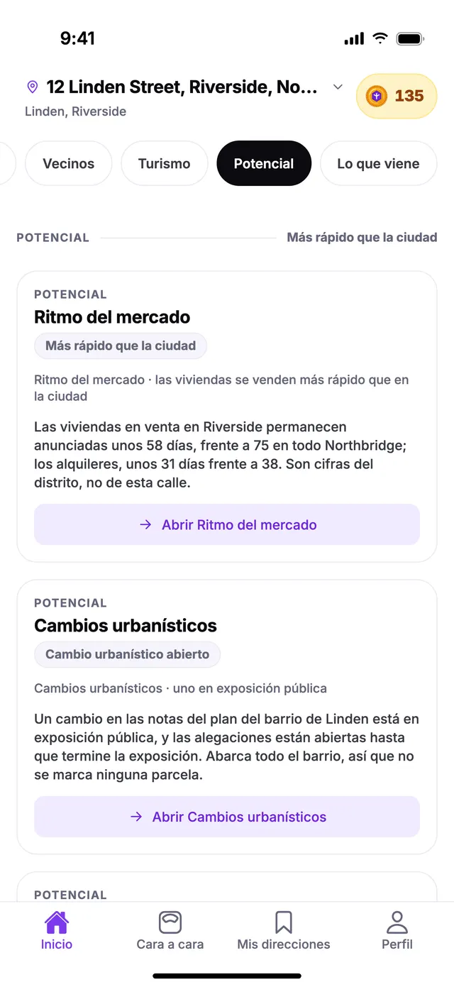 El grupo Potencial en la pantalla de Inicio de TownSpec, con una dirección de ejemplo.