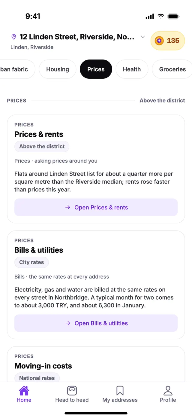 The Prices group on the Home screen of TownSpec, for an example address.