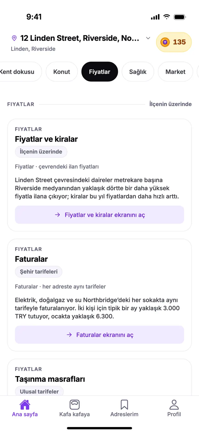 TownSpec Ana sayfasında Fiyatlar grubu, örnek bir adres için.