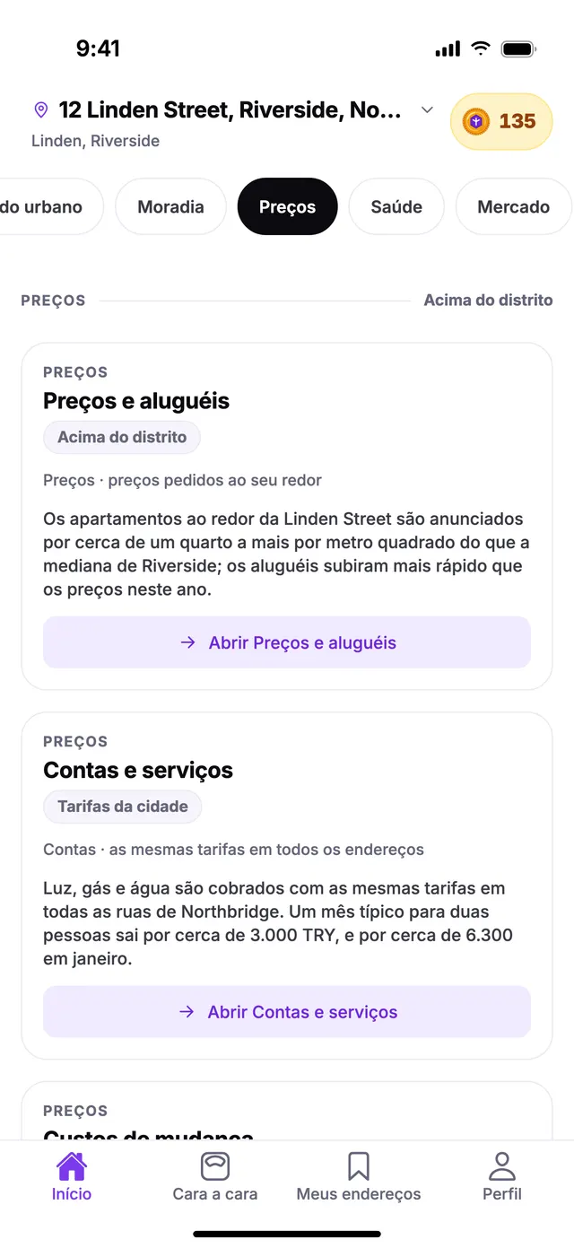 O grupo Preços na tela Início do TownSpec, para um endereço de exemplo.