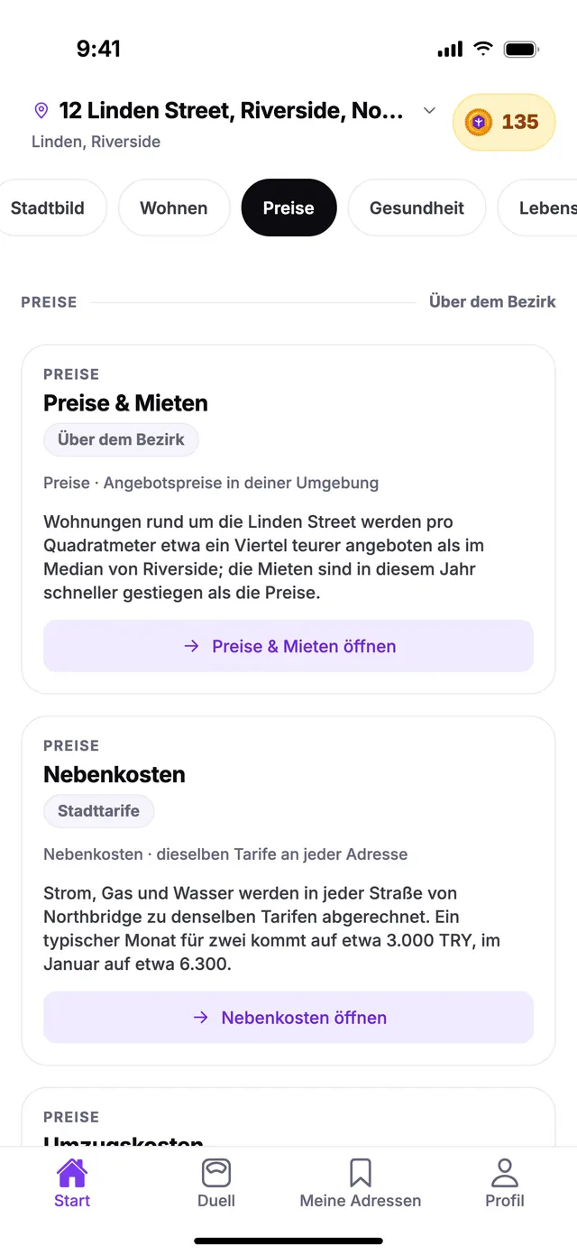 Die Gruppe Preise auf dem Startbildschirm von TownSpec, für eine Beispieladresse.