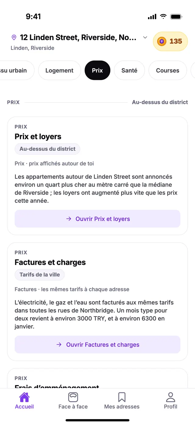 Le groupe Prix sur l’écran Accueil de TownSpec, pour une adresse d’exemple.