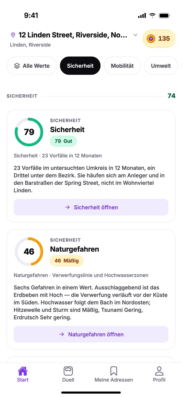 Die Gruppe Sicherheit auf dem Startbildschirm von TownSpec, für eine Beispieladresse.