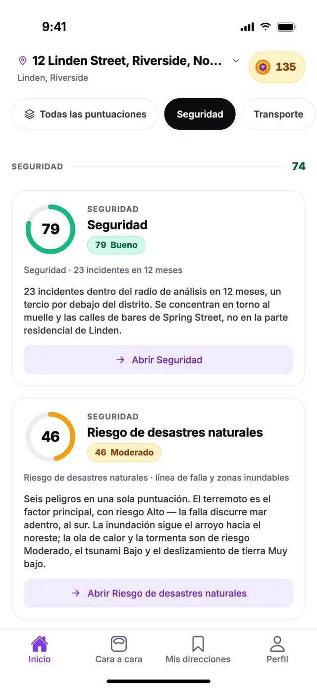 El grupo Seguridad en la pantalla de Inicio de TownSpec, con una dirección de ejemplo.