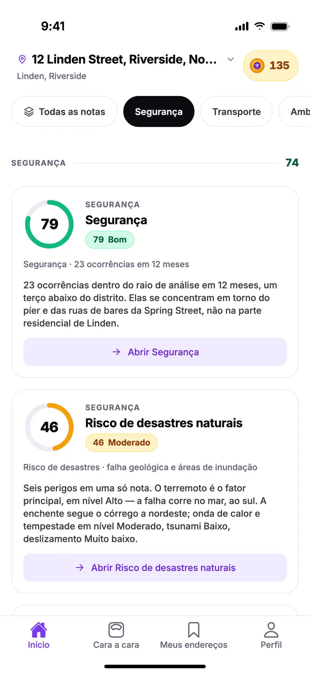 O grupo Segurança na tela Início do TownSpec, para um endereço de exemplo.