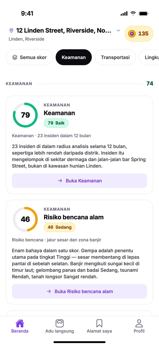 Grup Keamanan di layar Beranda TownSpec, untuk alamat contoh.