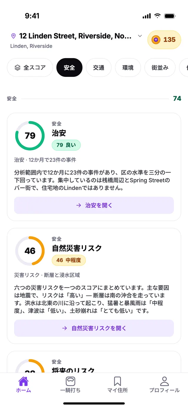 TownSpecのホーム画面にある安全グループ。サンプル住所での表示例です。
